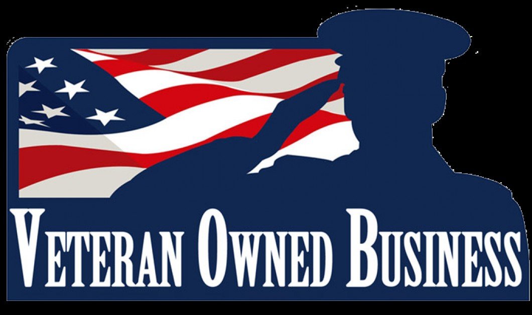 Silhouette of a soldier saluting with an American flag in the background, and the text 'Veteran Owned Business'
