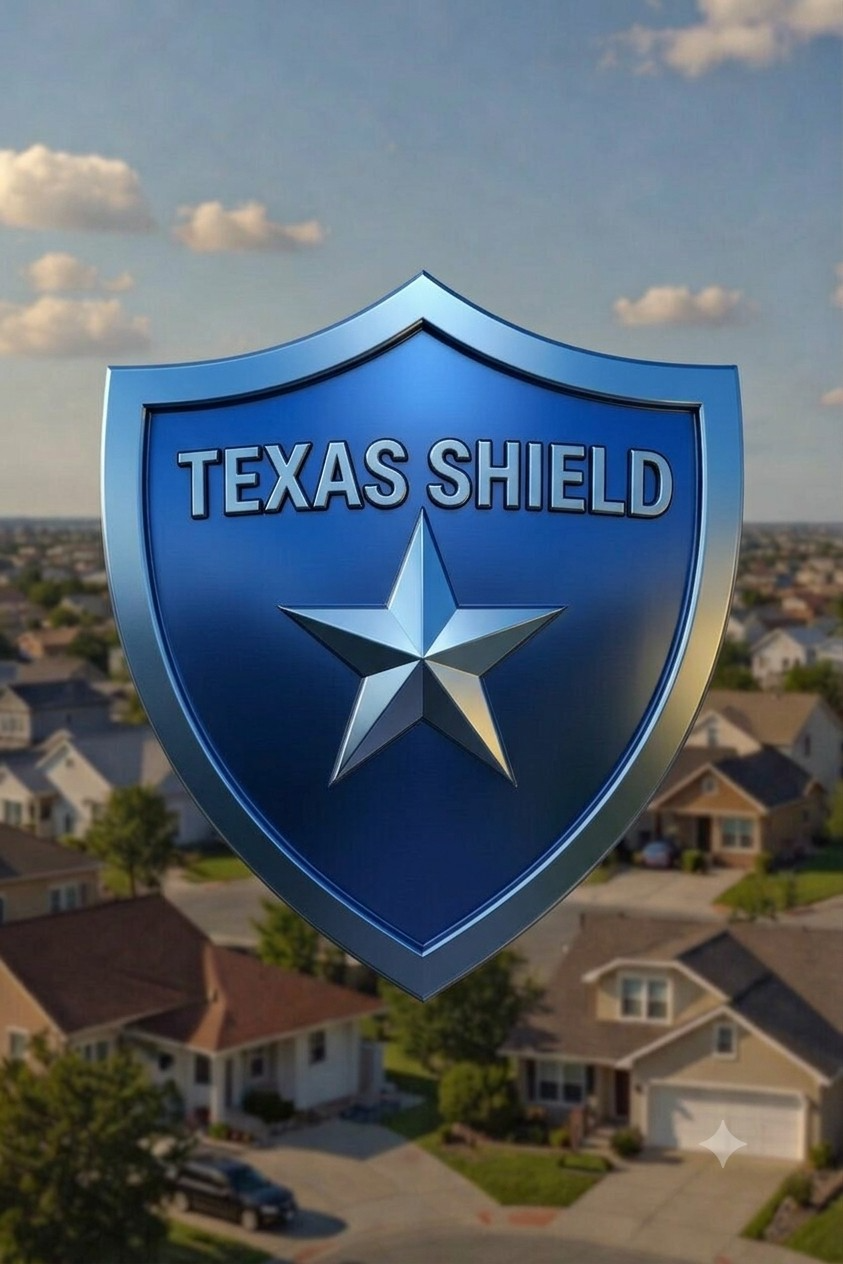 Blue Texas Shield badge with silver star emblem above a Fort Bend residential neighborhood.