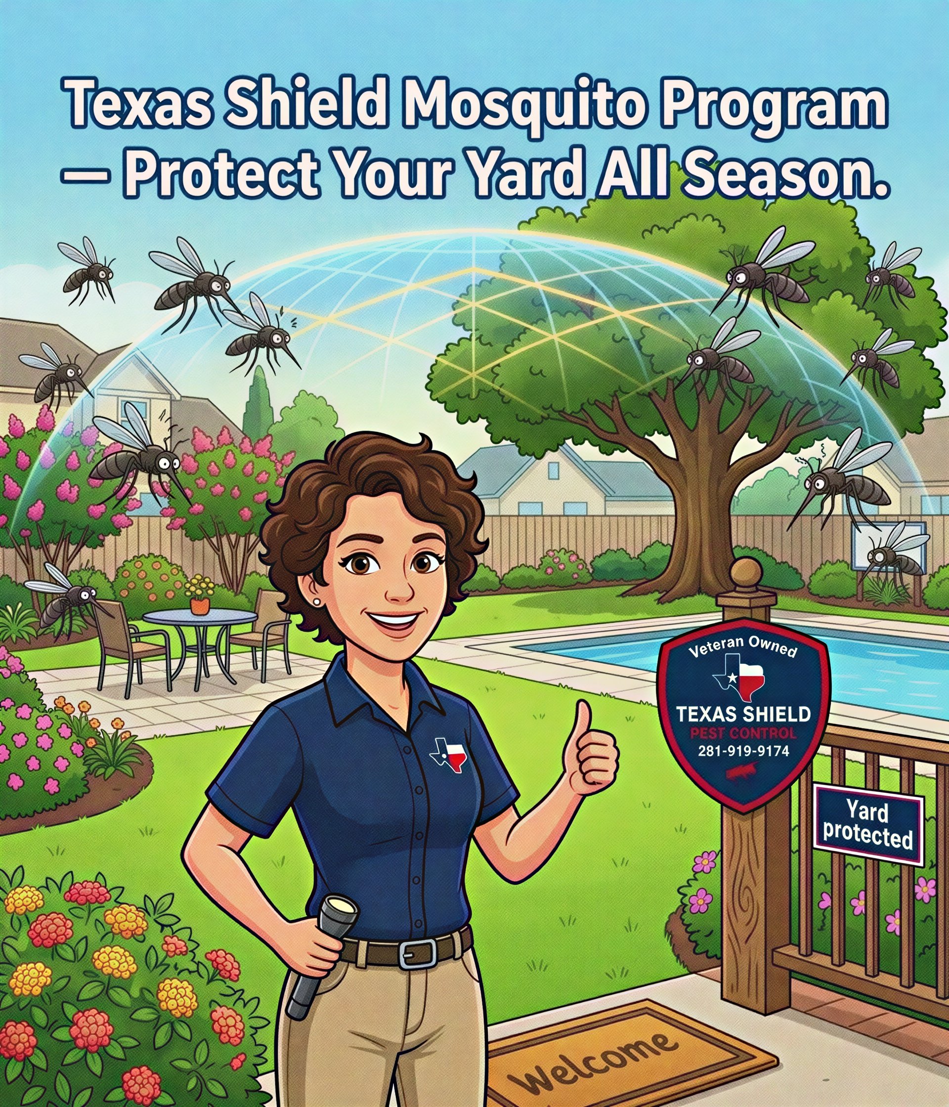 Texas Shield Mosquito Program illustration showing backyard mosquito protection.