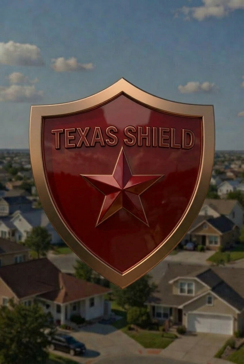 Texas Shield emblem with red background and gold border over an aerial neighborhood view.