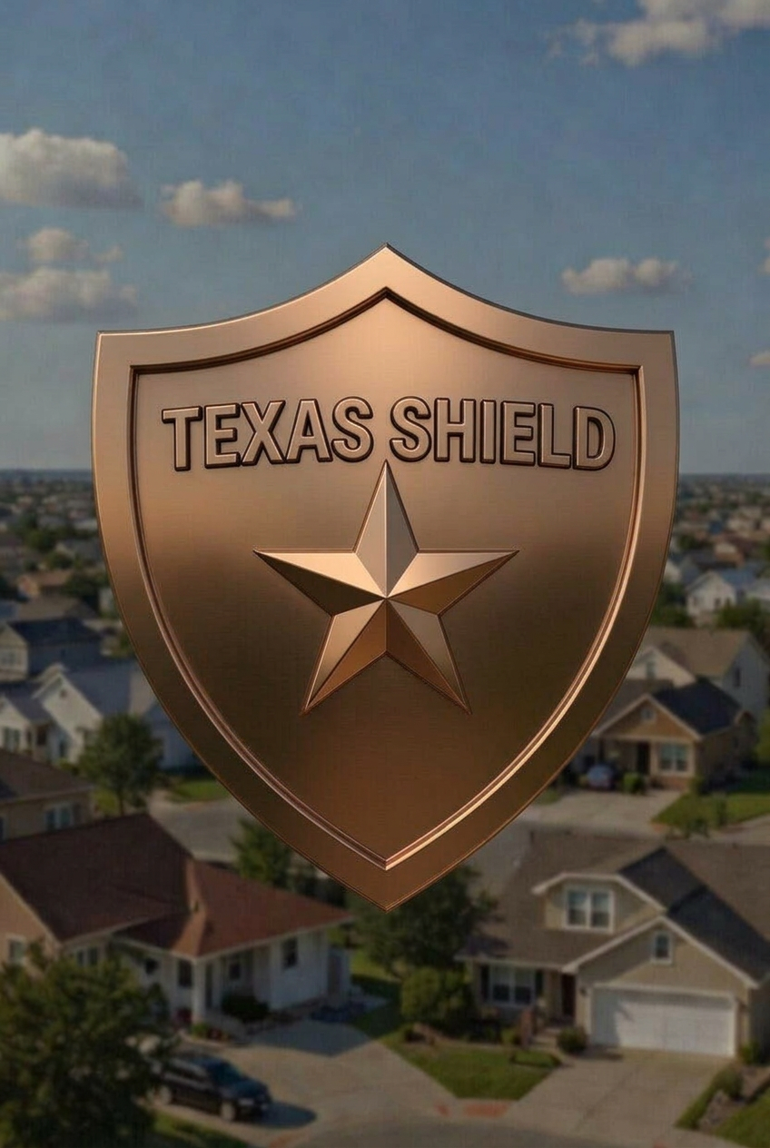 Close‑up of metallic Texas Shield badge with star emblem over a suburban Fort Bend neighborhood.