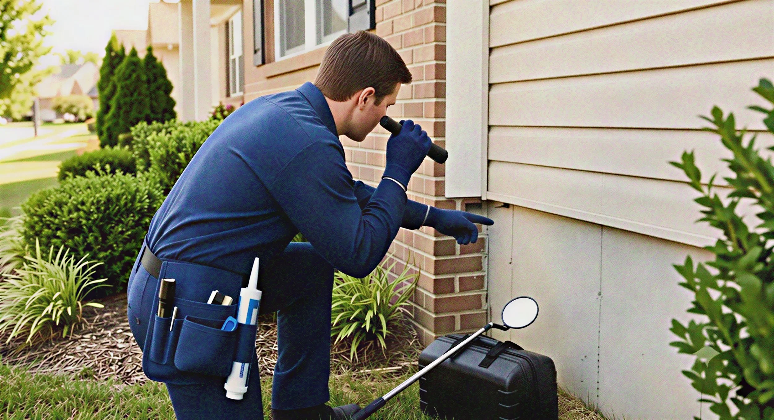 Pest control technician inspecting home exterior near bushes.