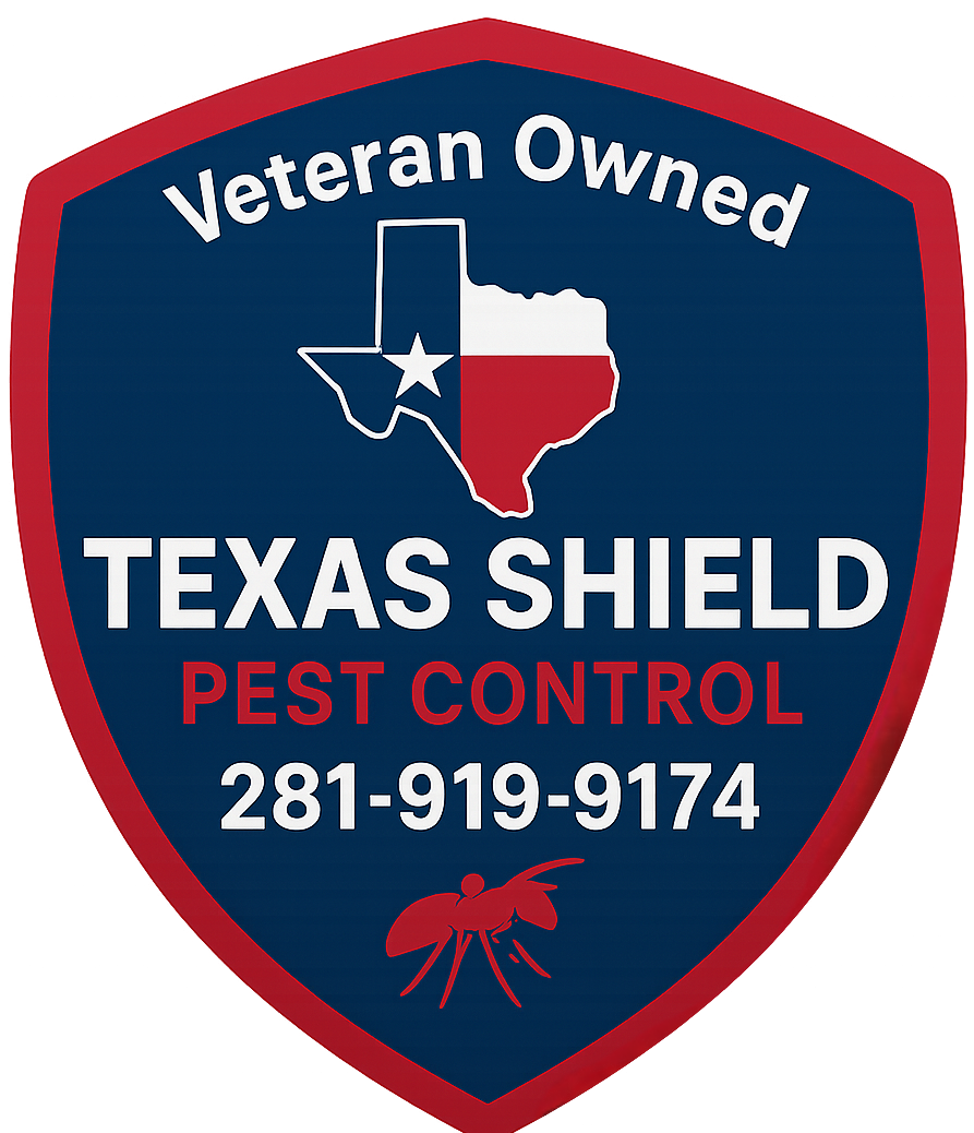 Texas Shield Pest Control veteran‑owned badge with Texas map and pest icon.