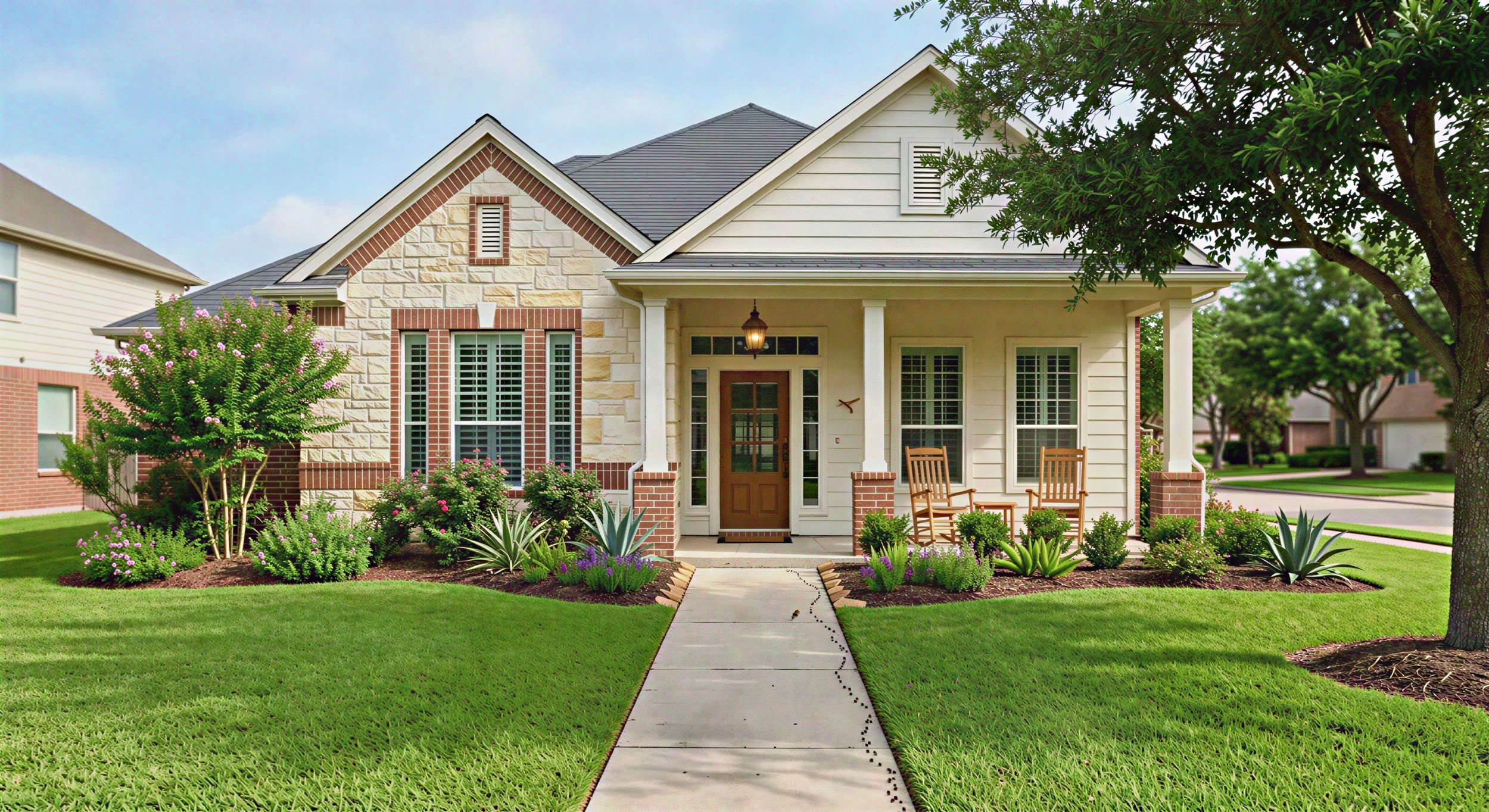 Front view of a suburban Texas home with lawn and landscaping, typical of homes serviced by Texas Shield Pest Control.