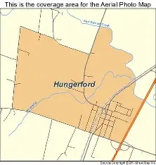 Map of Hungerford showing layout and nearby areas within Texas Shield Pest Control’s service region.