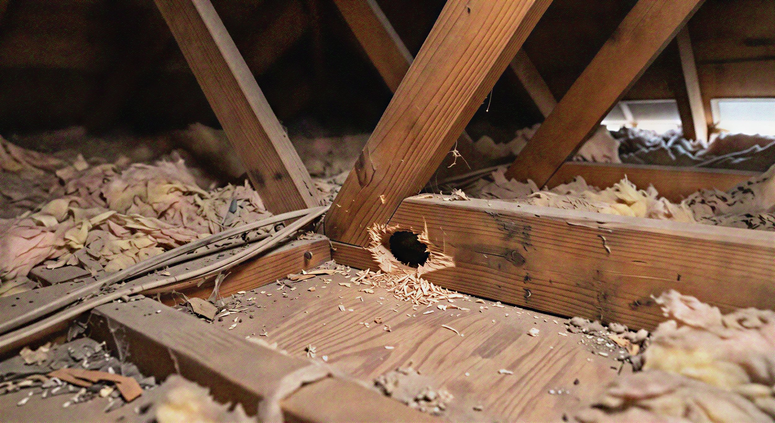 Attic with exposed beams and insulation, common area for rodent activity.