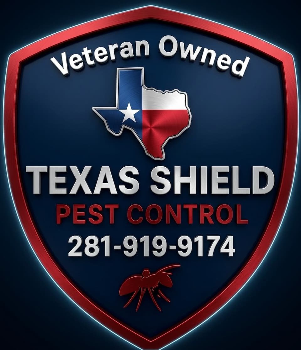 A badge with a Texas shape in the center, colored with the Texas flag, and text around it reading 'Veteran Owned Texas Shield Pest Control,' along with a phone number and an image of a pest at the bottom.