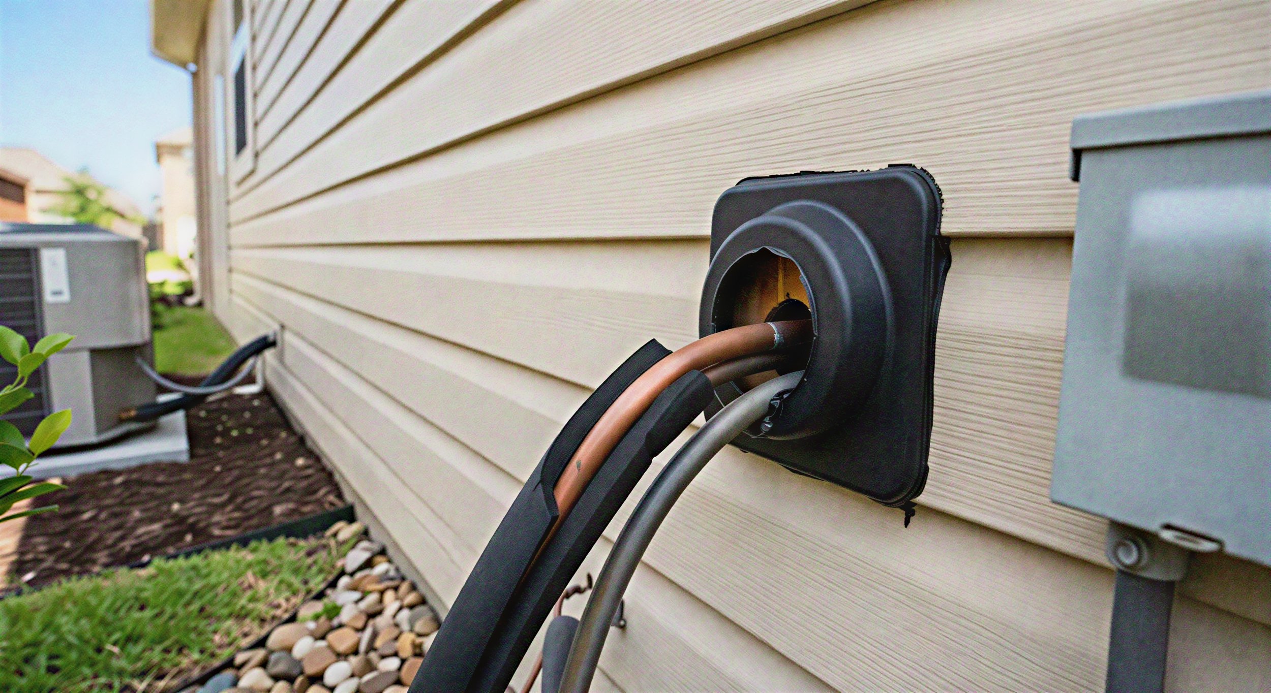 Electrical outlet on home exterior with cables, common pest entry area.