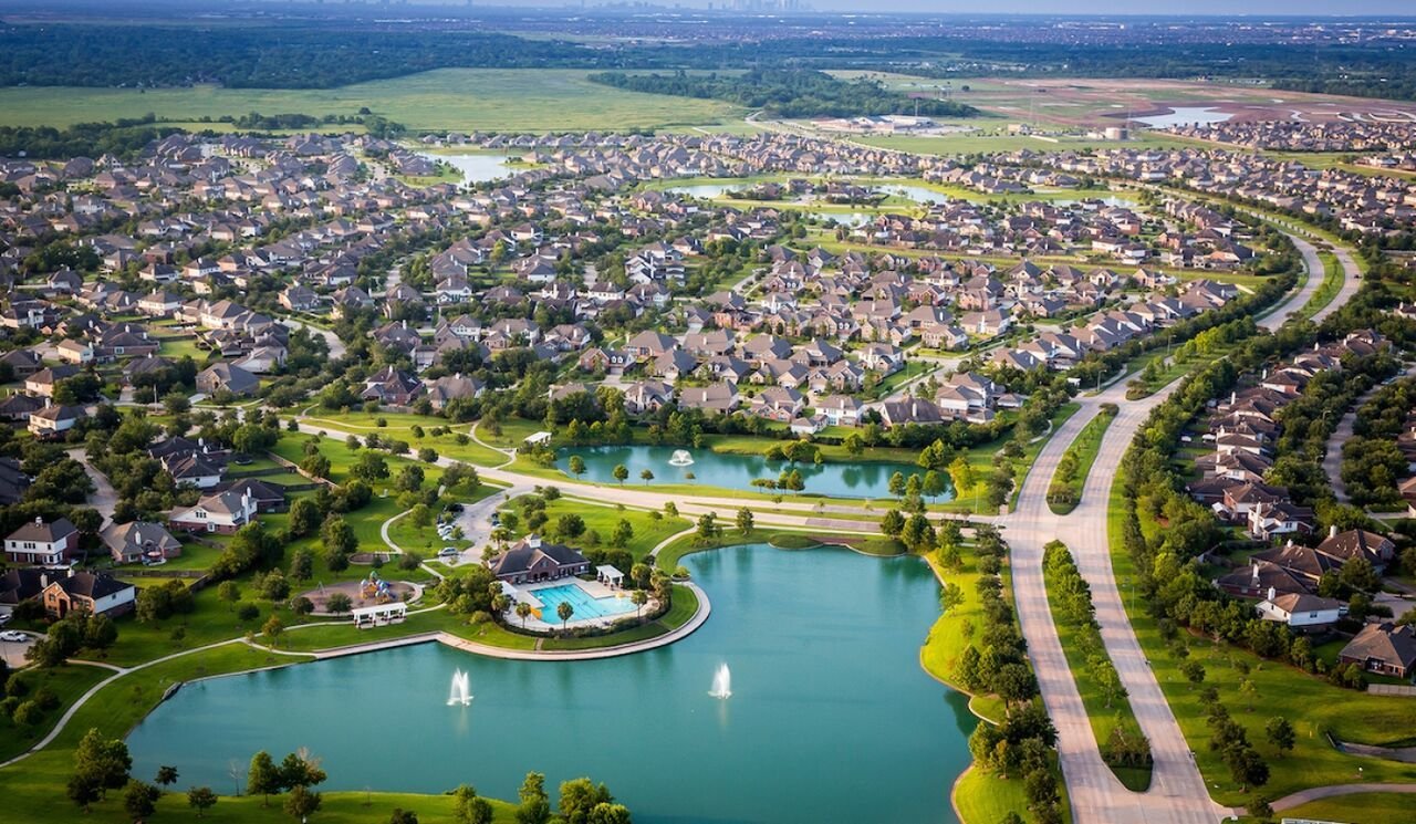 Aerial view of a Fort Bend County neighborhood served by Texas Shield Pest Control.