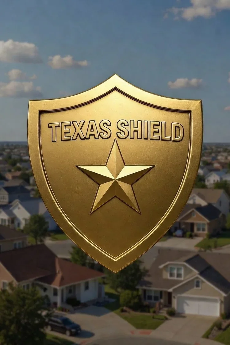 Gold Texas Shield badge with star emblem displayed over a Fort Bend neighborhood.