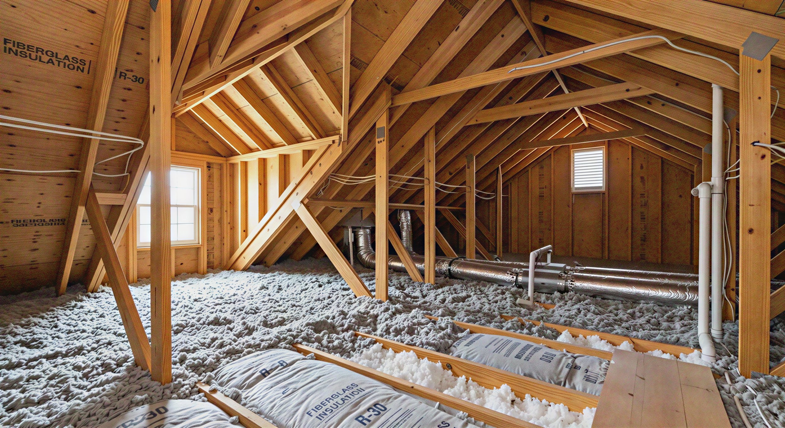 Unfinished attic with insulation and ductwork, typical inspection area.