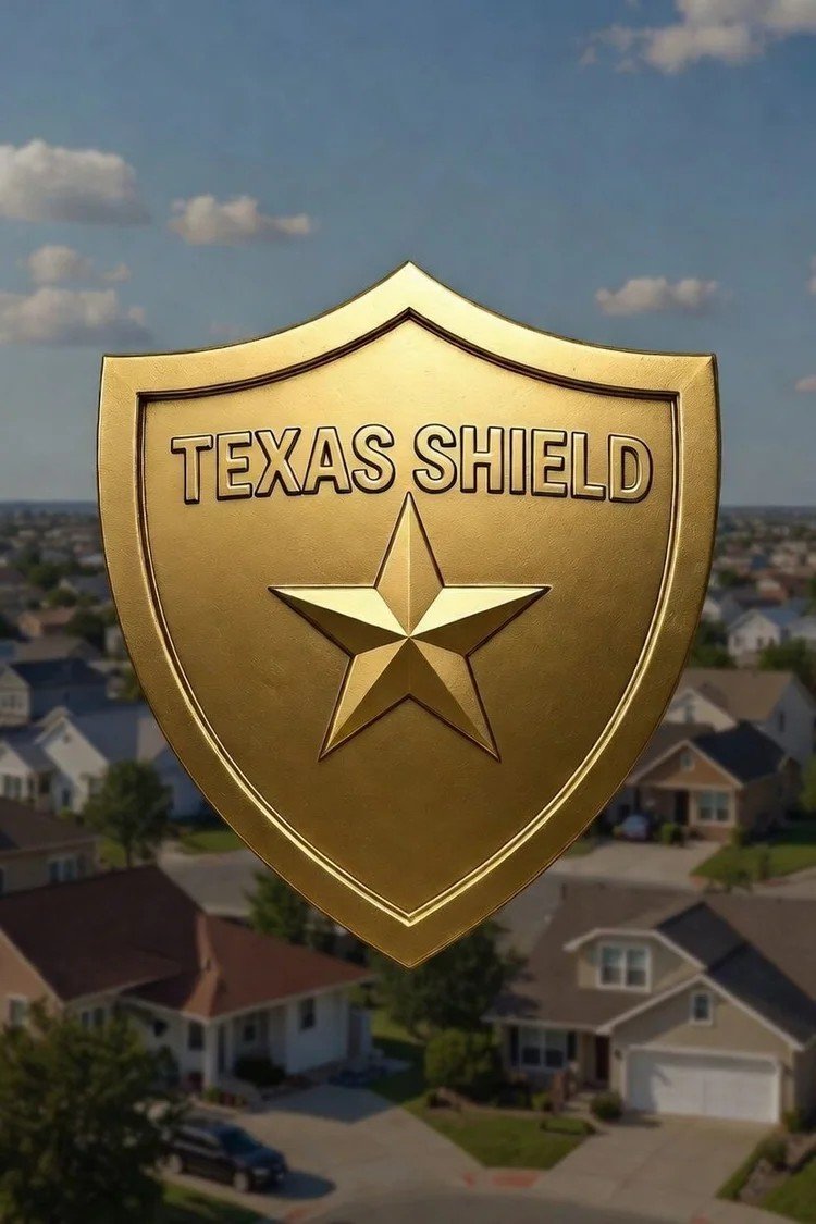 Gold Texas Shield badge with star emblem superimposed over a Fort Bend neighborhood.