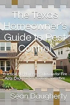 Book cover titled 'The Texas Homeowner's Guide to Pest Control' by Sean Daugherty, featuring a house and landscaped yard.