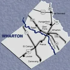 Map of Wharton and surrounding towns served by Texas Shield Pest Control.