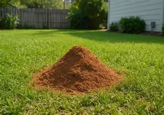 Small dirt mound in a backyard lawn, showing signs of fire-ant activity.