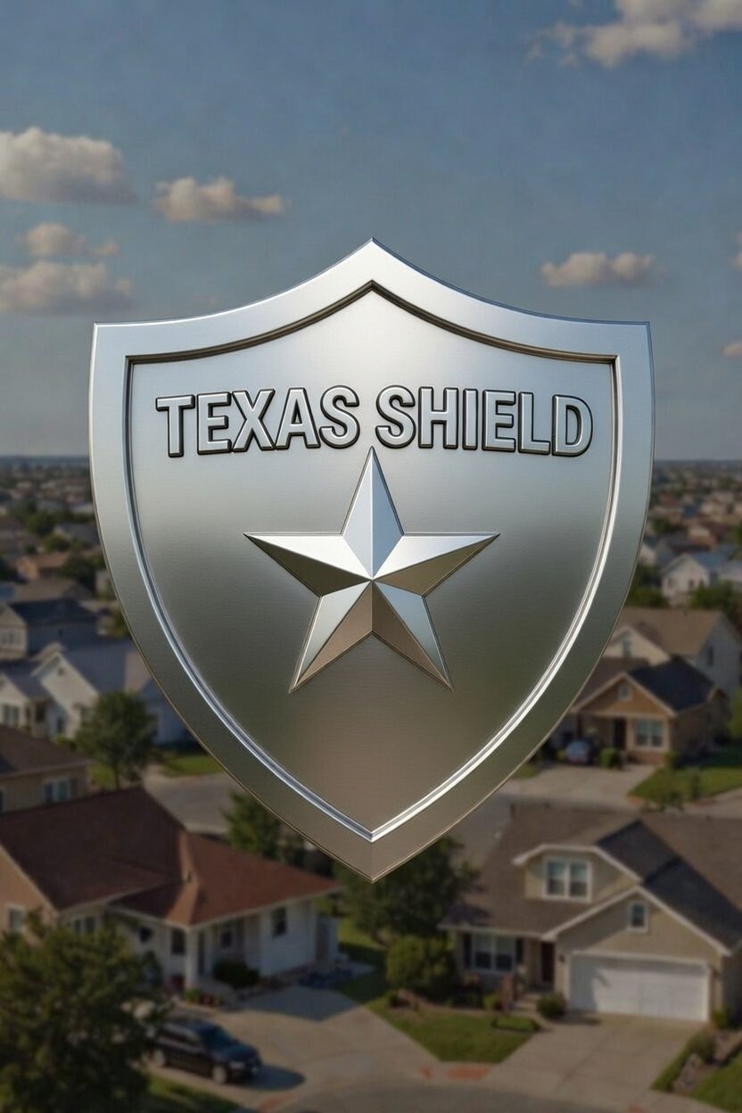 Silver Texas Shield badge with star over a suburban neighborhood under partly cloudy sky.