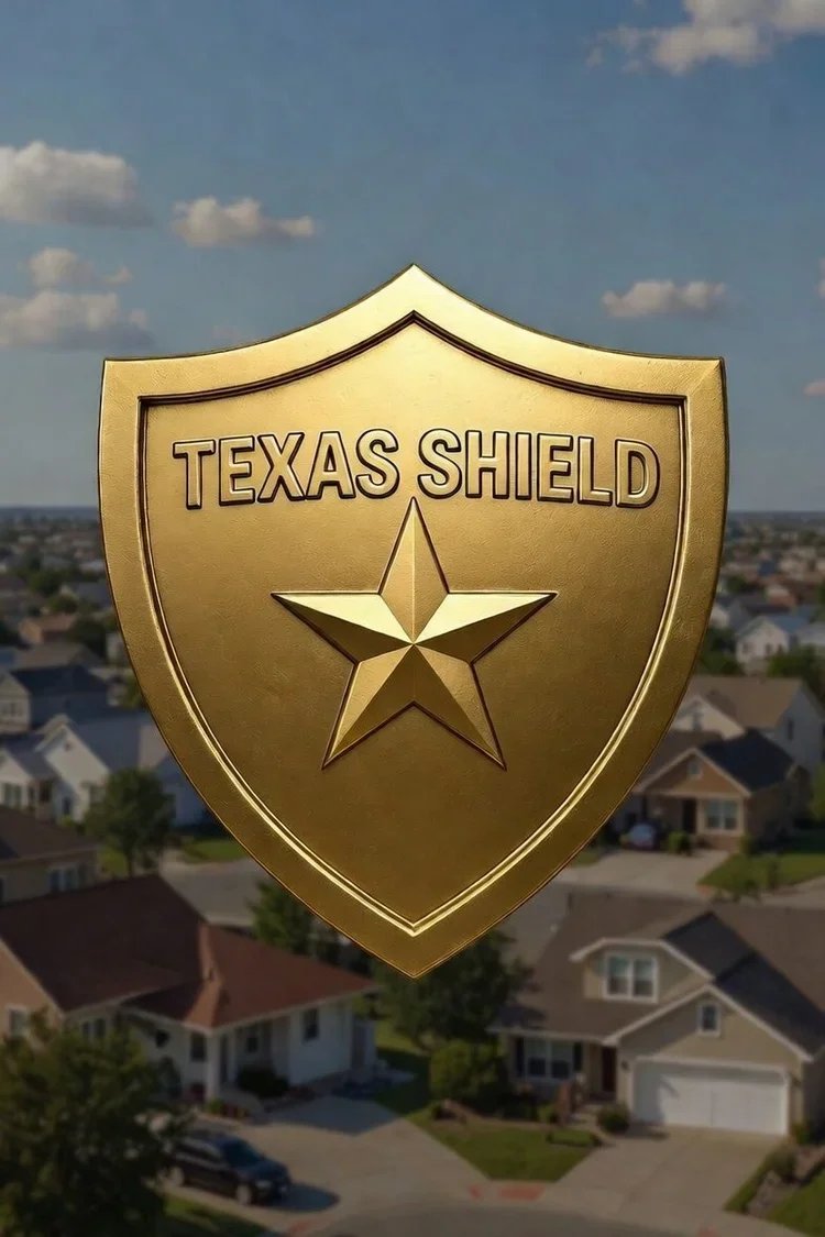 A gold shield-shaped emblem with the words 'TEXAS SHIELD' and a star in the center, against a background of suburban houses and a blue sky with clouds.